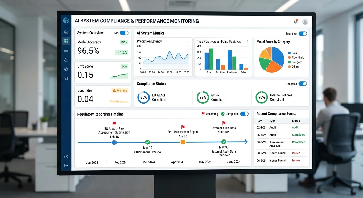 AI compliance monitoring dashboard with KPI tracking and incident reporting